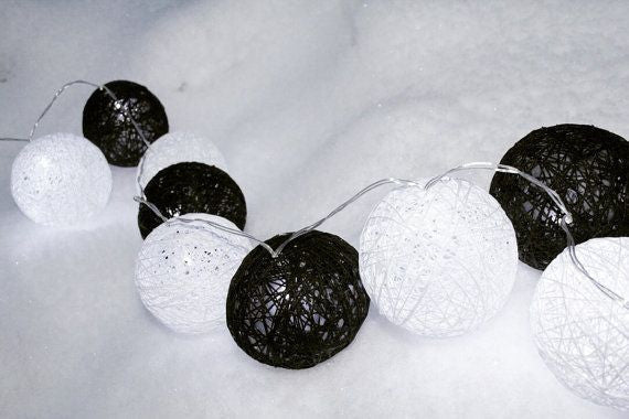 1 Set of 20 LED Black White 5cm Cotton Ball Battery Powered String Lights Xmas Gift Home Wedding Party Bedroom Decoration Outdoor Indoor Table Centrepiece - RnR Galore
