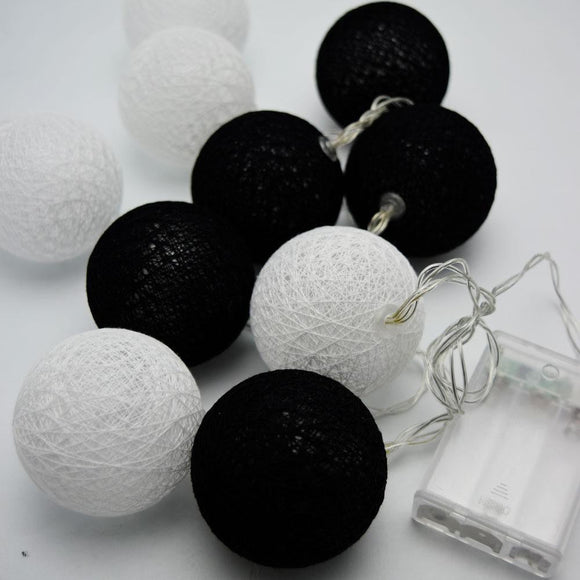1 Set of 20 LED Black White 5cm Cotton Ball Battery Powered String Lights Xmas Gift Home Wedding Party Bedroom Decoration Outdoor Indoor Table Centrepiece - RnR Galore