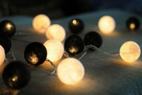 1 Set of 20 LED Black White 5cm Cotton Ball Battery Powered String Lights Xmas Gift Home Wedding Party Bedroom Decoration Outdoor Indoor Table Centrepiece - RnR Galore