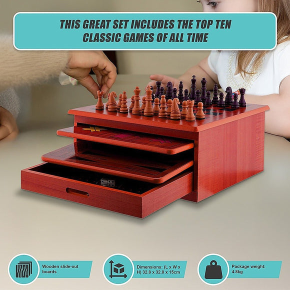 10 in 1 Wooden Chess Board Games Slide Out Checkers House Unit Set - RnR Galore