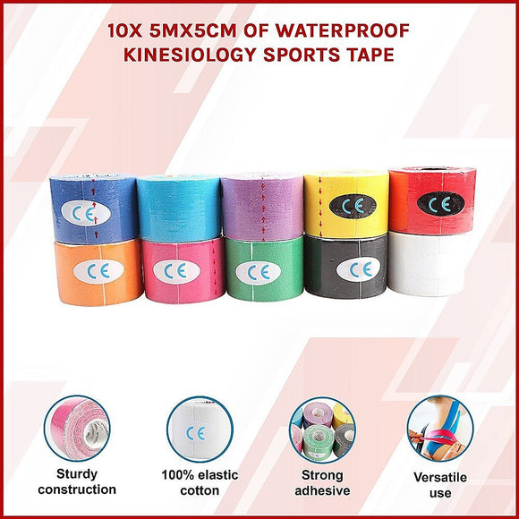10 Rolls Muscle & Injury Kinesiology Sports Tape 5m x 5cm – Waterproof Support - RnR Galore
