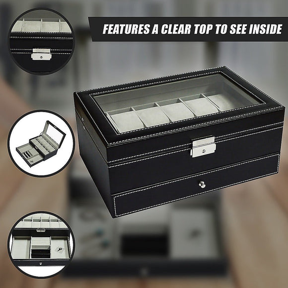 12 Grids Watch Display Case Leather jewellery Storage Box Organiser Lock Key - RnR Galore