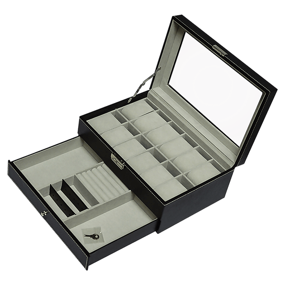 12 Grids Watch Display Case Leather jewellery Storage Box Organiser Lock Key - RnR Galore