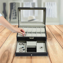 12 Grids Watch Display Case Leather jewellery Storage Box Organiser Lock Key - RnR Galore