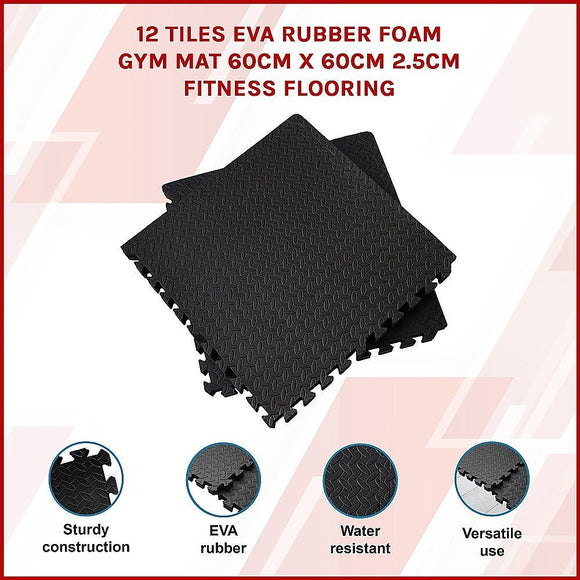 12 Tiles EVA Rubber Foam Gym Mat 60x60cm – 2.5cm Thick Fitness Flooring Set - RnR Galore