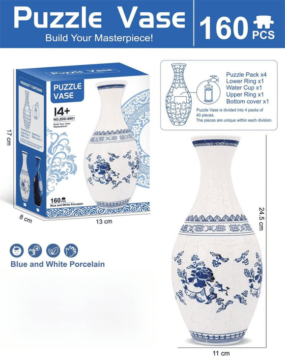 160 PCS Blue and White Porcelain 3D Puzzle Vase - DIY Interlocking Flower Vase Kit, Home Decorative and Toy Gift for Women - RnR Galore
