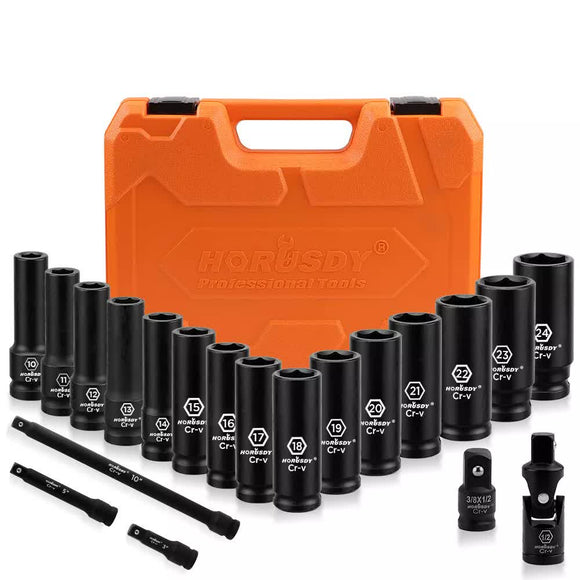 19Pc Deep Socket Set Impact 1/2" Drive Extension Bars Flexible Adapter 10 - 24mm - RnR Galore
