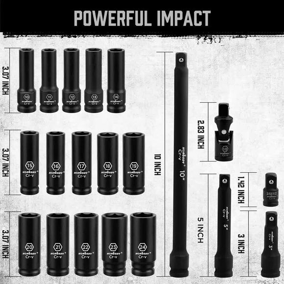 19Pc Deep Socket Set Impact 1/2" Drive Extension Bars Flexible Adapter 10 - 24mm - RnR Galore