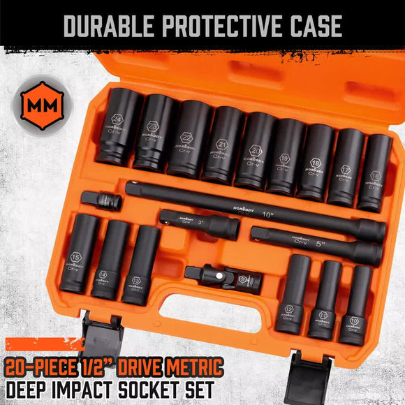 19Pc Deep Socket Set Impact 1/2" Drive Extension Bars Flexible Adapter 10 - 24mm - RnR Galore