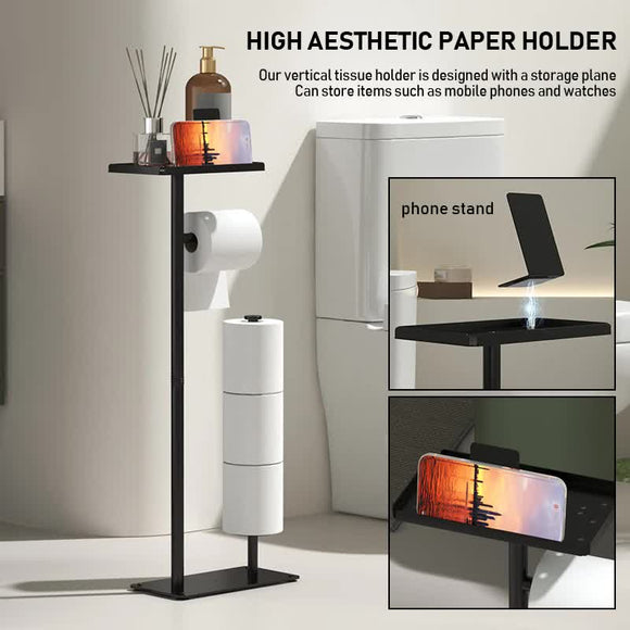 2 - in - 1 Freestanding Toilet Paper Holder - Thick Carbon Steel with Matte Black Finish, Storage Top and 2 * Paper Roll Holder - RnR Galore