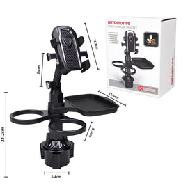 2 - Pack (2 - in - 1 Standard Version & 3 - in - 1 Pro Phone Mount Version) Car Rotating Dinner Tray & Double Cup Holder with Secure Phone Mount - Car Cup Slot Swivel Expander and Snacks & Drinks Organizer - RnR Galore