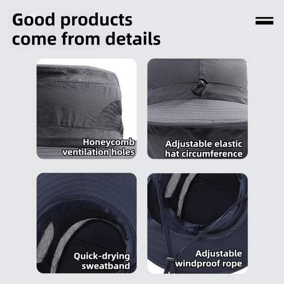2 - Pack Dark Grey Men's Adjustable Sun Protection Hat - Wide Brim, Deep Crown, Quick Dry Breathable Sun Cap with Neck Flap for Hiking & Outdoors - RnR Galore