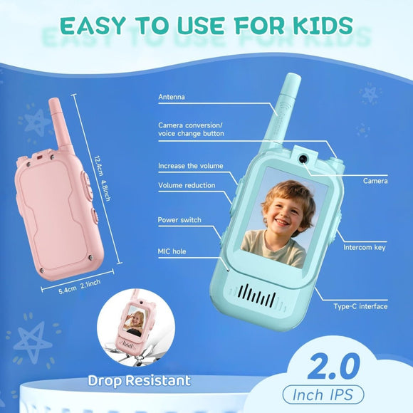 2 - Pack Mini Wireless Video Intercom Set for Children(Blue) - Educational and Interactive Walkie Talkie Toy for Playtime
