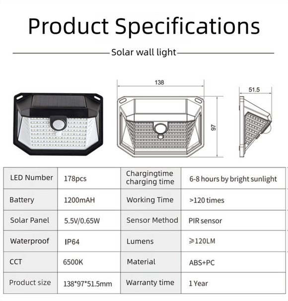 2 - Pack Solar Motion Sensor Wall Light(178 - Bead LED) - 3 Lighting Modes, IP64 Waterproof, Three - Sided Wide - Angle Lighting for Outdoor Security and Garden Lighting - RnR Galore