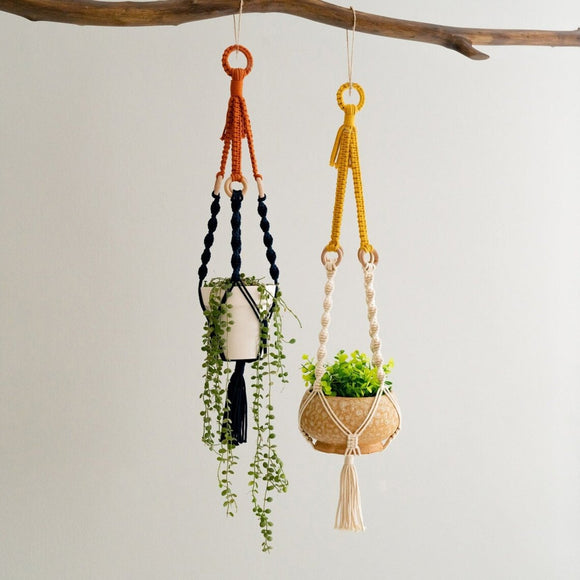 2 pcs Handwoven Plant Hanger - Cotton Rope Hanging Planter with Wooden Rings - RnR Galore