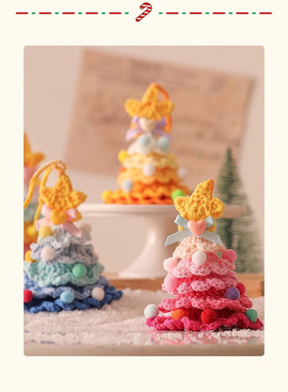 2 Pcs Style C Yellow and Green Handmade Crochet Christmas Tree Ornament - Festive Hanging Decoration with Jingle Bell - RnR Galore