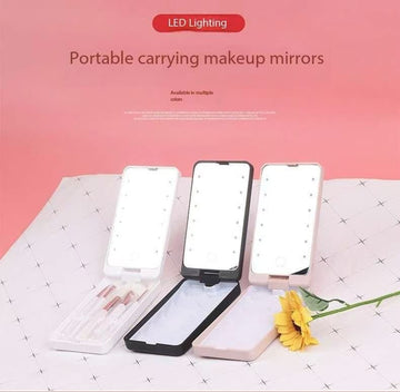 2 - Piece White Portable LED Makeup Mirror with Brush - Foldable, Rotatable, and Rechargeable Travel Vanity Mirror - RnR Galore