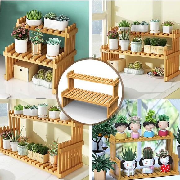2 Tier Bamboo Plant Stand Flower Pot Rack Indoor Outdoor Patio Garden Shelf - RnR Galore