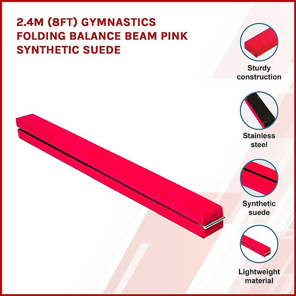 2.4m (8FT) Gymnastics Folding Balance Beam Pink Synthetic Suede - RnR Galore
