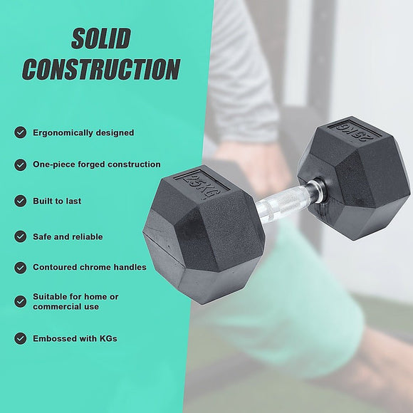 25KG Commercial Rubber Hex Dumbbell Gym Weight - RnR Galore