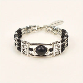 2pcs Ethnic - style Vintage Open Bracelet, Turquoise Beads with Silver Carved Accents, Bohemian Exotic Charm, a Personalized Accessory for Daily and Travel Wear.black - RnR Galore