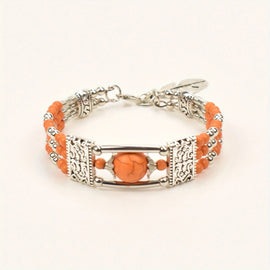 2pcs Ethnic - style Vintage Open Bracelet, Turquoise Beads with Silver Carved Accents, Bohemian Exotic Charm, a Personalized Accessory for Daily and Travel Wear.orange - RnR Galore