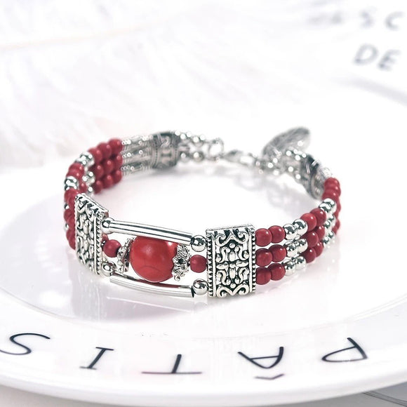 2PCS Ethnic - style Vintage Open Bracelet, Turquoise Beads with Silver Carved Accents, Bohemian Exotic Charm, a Personalized Accessory for Daily and Travel Wear.red - RnR Galore