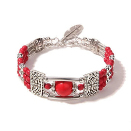 2PCS Ethnic - style Vintage Open Bracelet, Turquoise Beads with Silver Carved Accents, Bohemian Exotic Charm, a Personalized Accessory for Daily and Travel Wear.red - RnR Galore