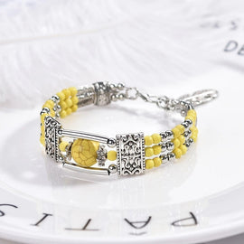 2PCS Ethnic - style Vintage Open Bracelet, Turquoise Beads with Silver Carved Accents, Bohemian Exotic Charm, a Personalized Accessory for Daily and Travel Wear.Yellow - RnR Galore
