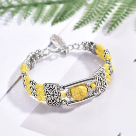 2PCS Ethnic - style Vintage Open Bracelet, Turquoise Beads with Silver Carved Accents, Bohemian Exotic Charm, a Personalized Accessory for Daily and Travel Wear.Yellow - RnR Galore