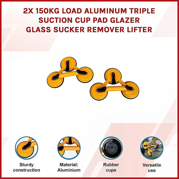 2x 150kg Load Aluminum Triple Suction Cup Pad Glazer Glass Sucker Remover Lifter - RnR Galore