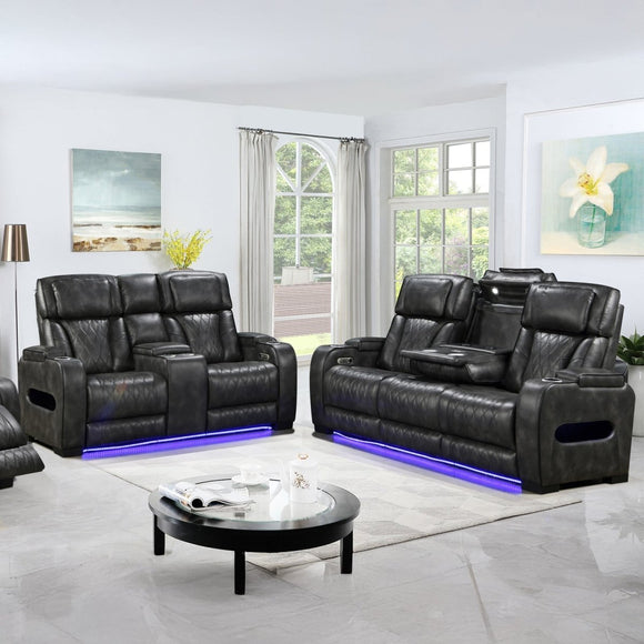 3 - 2 Seater Electric Air Leather Dark Grey Recliner Set - RnR Galore