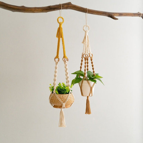 3 pcs Handwoven Plant Hanger - Cotton Rope Hanging Planter with Wooden Rings - RnR Galore