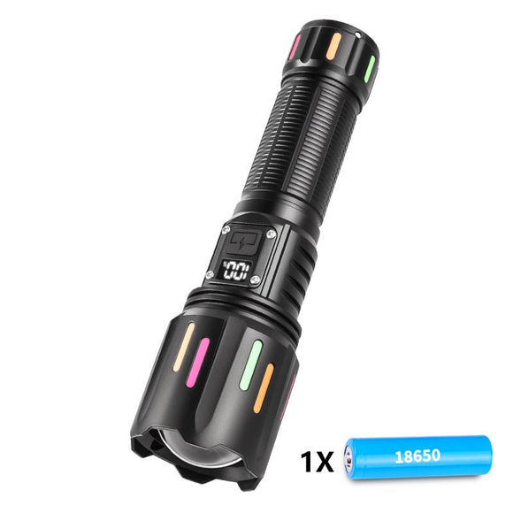 30W High Brightness LED Flashlight with Digital Display & Fluorescent Design - USB Rechargeable, 800 - 1200M Range(black+One 18650 battery) - RnR Galore