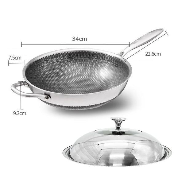 316 Stainless Steel 34cm Non - Stick Stir Fry Cooking Kitchen Wok Pan without Lid Honeycomb Double Sided - RnR Galore