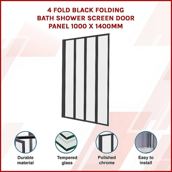 4 Fold Black Folding Bath Shower Screen Door Panel 1000 x 1400mm - RnR Galore