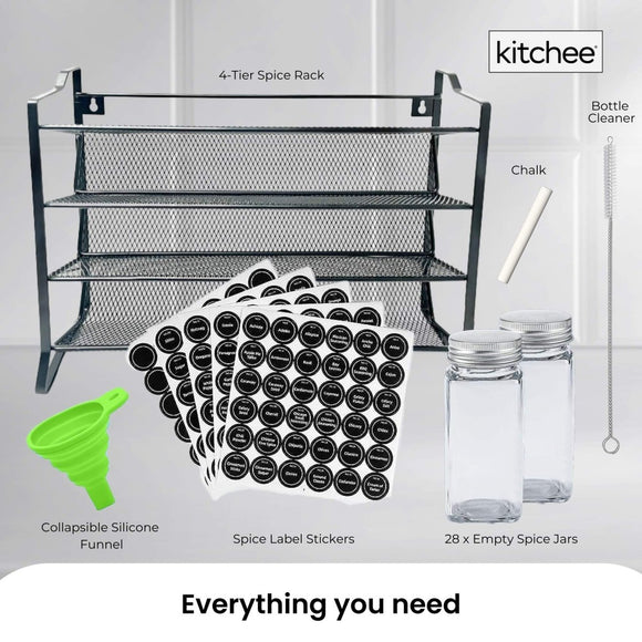 4 Tier Metal Spice Rack + 28 Glass Jars - Kitchen Pantry Herb Storage Organiser - RnR Galore