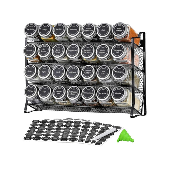 4 Tier Metal Spice Rack + 28 Glass Jars - Kitchen Pantry Herb Storage Organiser - RnR Galore