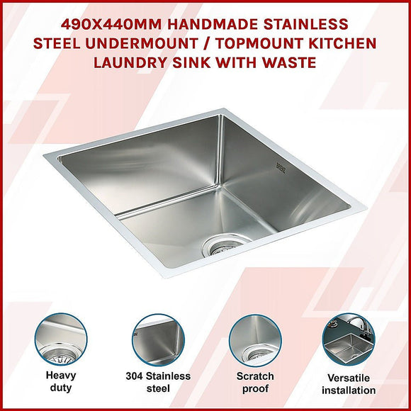 490x440mm Handmade Stainless Steel Undermount / Topmount Kitchen Laundry Sink with Waste - RnR Galore