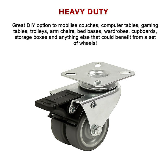 4x 2 Inch Heavy Duty Swivel Castor Wheels 50mm Brake - RnR Galore