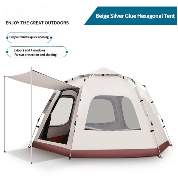5 - 8 Person Hexagonal Camping Tent | Double - Layer Silver Coated Waterproof Shelter with Awning (280*280*158cm) - RnR Galore