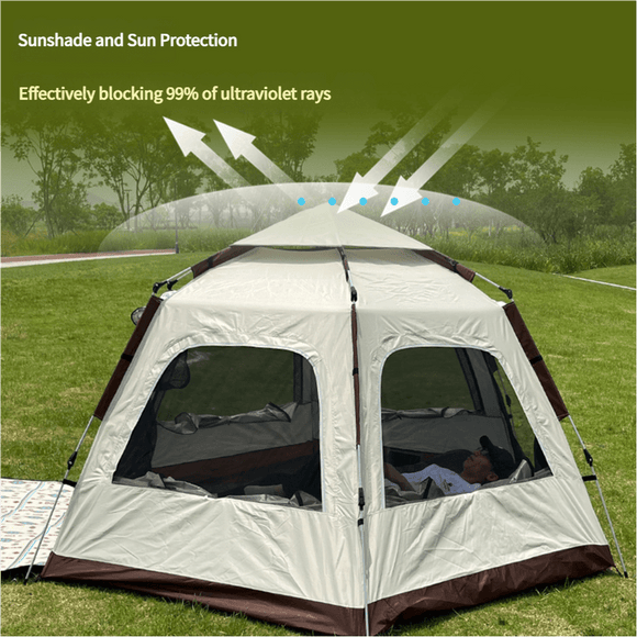 5 - 8 Person Hexagonal Camping Tent | Double - Layer Silver Coated Waterproof Shelter with Awning (280*280*158cm) - RnR Galore
