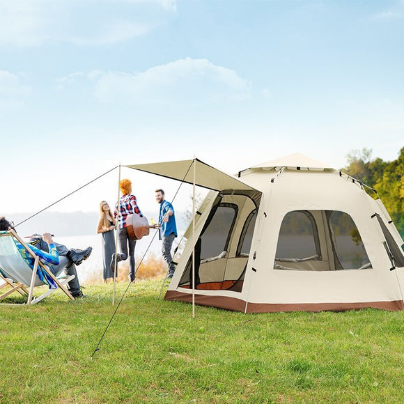5 - 8 Person Hexagonal Camping Tent | Double - Layer Silver Coated Waterproof Shelter with Awning (280*280*158cm) - RnR Galore