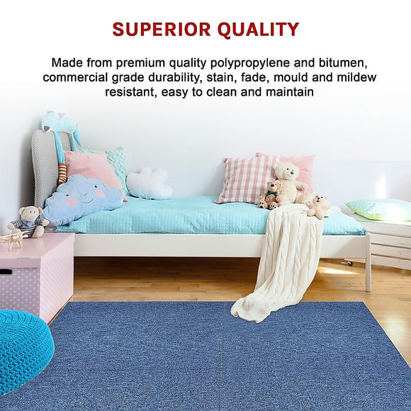 5m2 Box of Premium Carpet Tiles Commercial Domestic Office Heavy Use Flooring Blue - RnR Galore