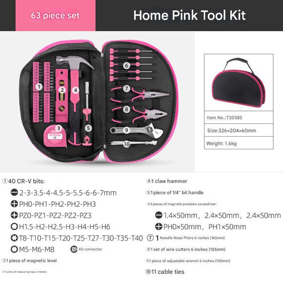 63 - Piece Essential Home Repair Tool Kit with Portable Zipper Case(pink) - RnR Galore
