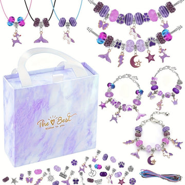 67PCS Purple DIY Charm Necklace & Bracelet Making Kit - Creative Jewelry Craft Set with Colorful Drip Oil Pendants & Metal Beads - RnR Galore