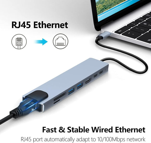 8in1 Hub USB - C To Type - C USB 3.0 4K HDMI RJ45 Ethernet SD TF OTG PD Port Adapter - RnR Galore