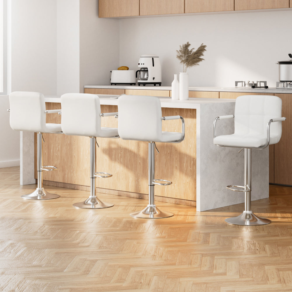 Artiss 4x Bar Stools Leather Gas Lift w/Armrest White - 0