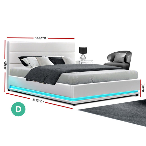 Artiss Lumi LED Bed Frame PU Leather Gas Lift Storage - White Double