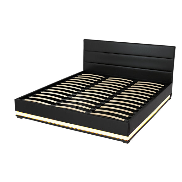 Artiss Lumi LED Bed Frame PU Leather Gas Lift Storage - Black King